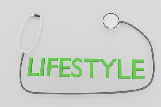 3D illustration of LIFESTYLE script with stethoscope, isolated over pale gray background.