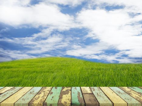 Empty wooden table for displaying products On the background are grass fields and blue sky.