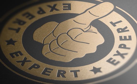 3d illustration of a golden stamp with the word expert and a hand with thumb up over black background.  Professional services label.