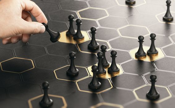 Conceptual board game with hexagonal shapes and a hand moving pawns. Black and golden background. Concept of market positioning or business strategy. Composite image between a hand photography and a 3D background.