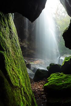 Forty foot falls seen through the narrow cave, bright green moss growing on the rocks and spider webs glisten with pearl drops of water