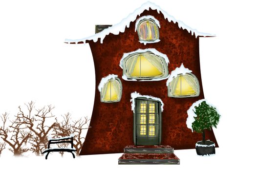 Christmas house with snow on the house roof. Santa Claus house covered with snow. Merry Christmas and a happy New Year. Stock illustration