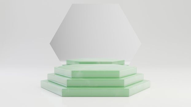 Hexagon jade pedestal steps with mirror isolated on white background. 3d rendered minimalistic abstract background concept for product placement.