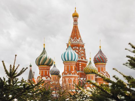 St. Basil's Cathedral on Red square. Traditional Christmas fair. Moscow, Russia.