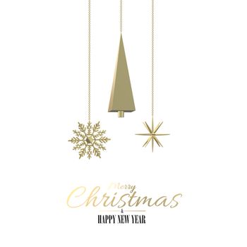 Minimalist 3D Christmas symbols on white. 3D Xmas fir, golden snowflakes on white background. Gold text Merry Christmas Happy New Year. 3d render. Xmas minimalist card