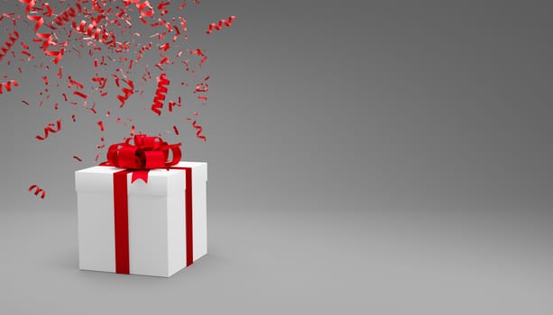 Gift box and confetti falling on gray background with copy space 3d render