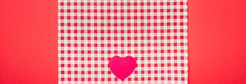 banner with a red and white Vichy fabric background for Valentine's Day with pink hearts. valentines day concept.