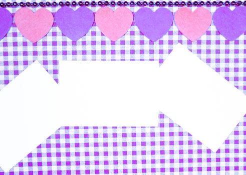 background with purple and white Vichy fabric for Valentine's day with purple and pink hearts and three white cards to put the text. valentines day concept.