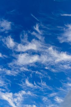 Bright blue sky with feather clouds lit by the daytime sun. Abstract background.