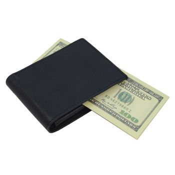 An isolated black wallet with some cash banknotes spreading out the sides.