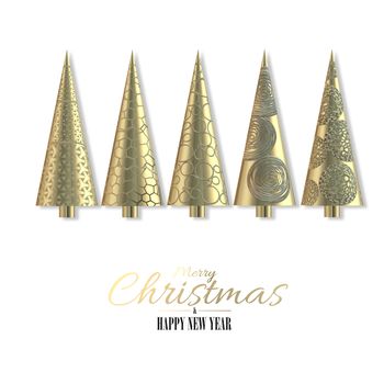 3D modern Christmas card on white. 3D gold Xmas trees with pattern on white background. 3D illustration. Golden text Merry Christmas Happy New Year