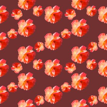 Seamless pattern with roses on a burgundy background. Flat lay, top view. Pop art creative design for textile, fashion, wallpaper, fabric, wrapping paper.