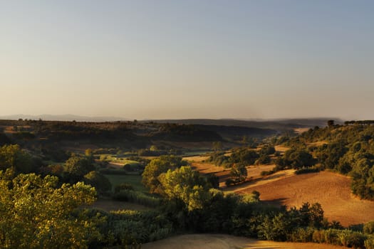 Beautiful landscape near Tuscania -Italy - at sunrise , hills and trees between cultivated fields