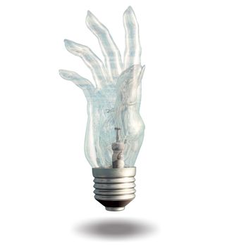 Single hand shaped light bulb. 3D rendering