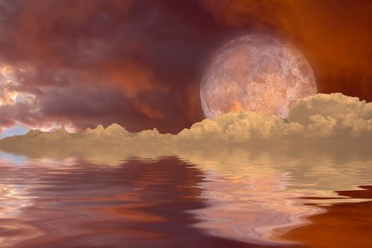 Red moon rising over surreal water world. 3D rendering
