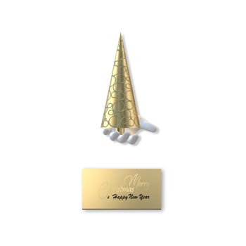 Abstract minimalist Christmas card of human hand holding abstract 3D Xmas tree. Golden text Merry Christmas Happy New Year on gift tag. 3D illustration