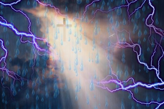Cross bathed in Light from Sun While Storm Rages. 3D rendering
