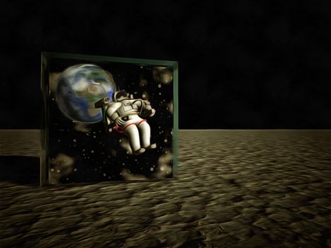 Astronaut in hypercube. 3D rendering