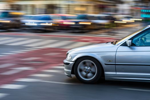 Car traffic at rush hour in downtown area of the city. Car pollution, traffic jam in the morning and evening in the capital city of Bucharest, Romania, 2020