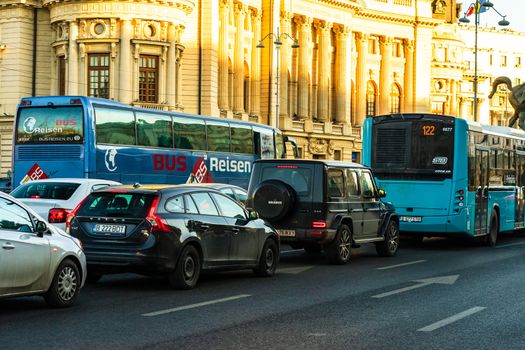 Car traffic at rush hour in downtown area of the city. Car pollution, traffic jam in the morning and evening in the capital city of Bucharest, Romania, 2020