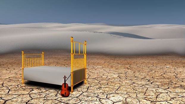 Quiet place in the desert. Violin and bed. 3D rendering