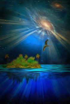 Floating Tropical Island. Surreal sky with rainbow and galaxies. 3D rendering