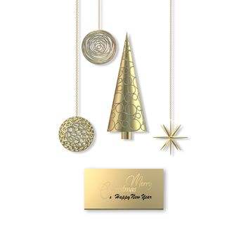 Abstract Christmas in gold. 3D abstract Xmas tree, hanging snowflakes, gold decorations. Text Merry Christmas Happy New Year. 3D illustration