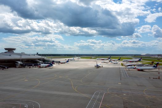 July 2, 2019 Moscow, Russia. Airplanes at Vnukovo airport in sunny weather