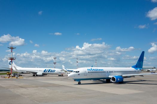 July 2, 2019, Moscow, Russia. Airplane Boeing Boeing 737-800 Pobeda airline at Vnukovo airport in Moscow.