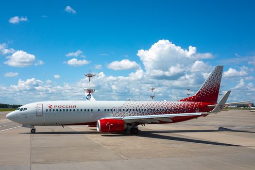 July 2, 2019, Moscow, Russia. Airplane Boeing 737-800 Rossiya - Russian Airlines at Vnukovo airport in Moscow.