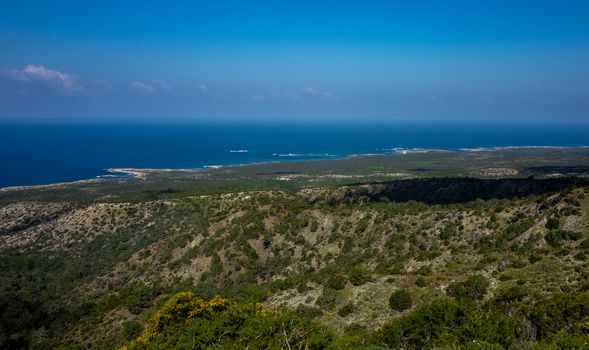 Cedar-covered hills on the Mediterranean coast on the island of Cyprus.
