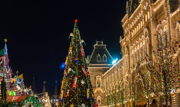 December 20, 2019. Moscow, Russia. Decorated Christmas tree on red square in front of the Gum building in Moscow at night.