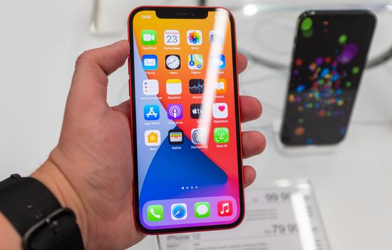 October 23, 2020, Moscow, Russia. New smartphone from Apple Iphone 12 on the counter of the store.