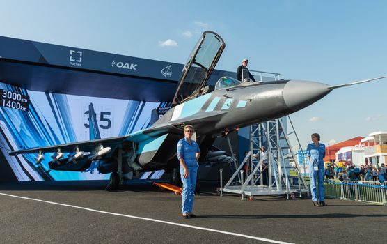 August 30, 2019. Zhukovsky, Russia.Russian multirole fighter MiG-35 that is designed by Mikoyan, a division of the United Aircraft Corporation (UAC). Marketed as a 4++ generation jet fighter at the International Aviation and Space Salon MAKS 2019.