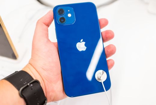 October 23, 2020, Moscow, Russia. New smartphone from Apple Iphone 12 on the counter of the store.