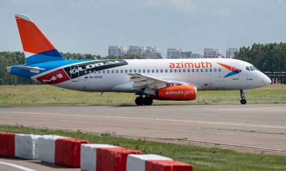 July 2, 2019, Moscow, Russia. Airplane Sukhoi Superjet 100 Azimuth Airlines at Vnukovo airport in Moscow.