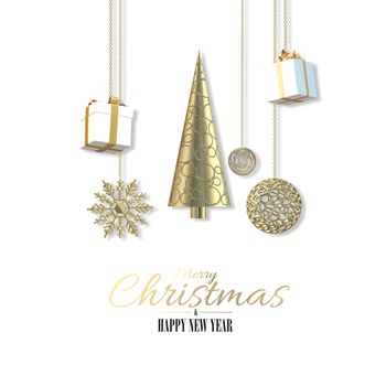 Abstract 3D Christmas holiday card. Gold Xmas tree, hanging snowflakes, Xmas gift boxes, decorations on white background. Text Merry Christmas Happy New Year. 3D render