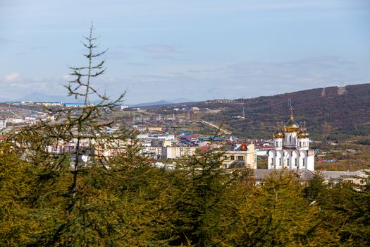 View of the northern Russian city of Magadan from above. The central part of the city of Magadan from above.