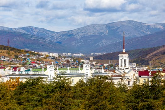 View of the northern Russian city of Magadan from above. The central part of the city of Magadan from above.