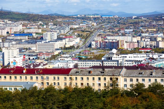 View of the northern Russian city of Magadan from above. The central part of the city of Magadan from above.
