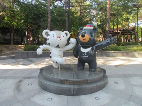 Soohorang and Bandabi, the mascots of the PyeongChang 2018 Olympic and paralympic winter games placed in a public park