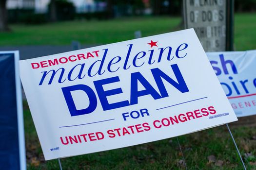 November 3, 2020 - Elkins Park, Pennsylvania: A Madeleine Dean Sign at a Polling Station on Election Day in Elkins Park Pennsylvania