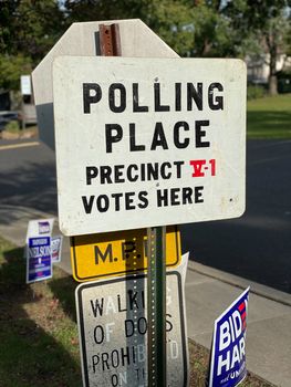November 3, 2020 - Elkins Park, Pennsylvania: A Polling Place Sign at Gratz College on Election Day in Elkins Park, Pennsylvania