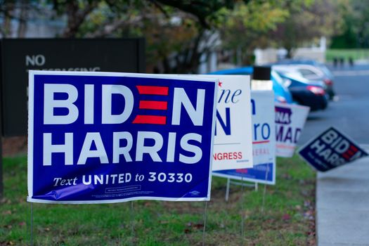 November 3, 2020 - Elkins Park, Pennsylvania: A Biden Harris Sign at a Polling Station in Elkins Park, Pennsylvania
