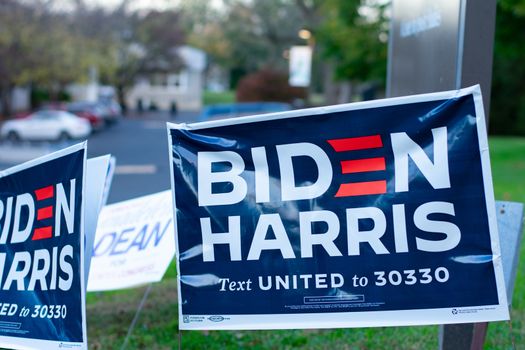 November 3, 2020 - Elkins Park, Pennsylvania: A Biden Harris Sign at a Polling Station in Elkins Park, Pennsylvania