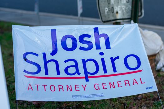 November 3, 2020 - Elkins Park, Pennsylvania: A Josh Shapiro Sign at a Polling Station on Election Day at Elkins Park, Pennsylvania
