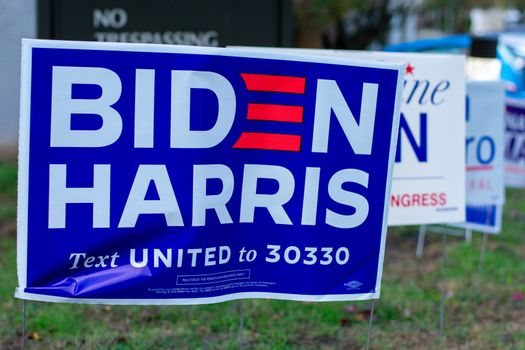 November 3, 2020 - Elkins Park, Pennsylvania: A Biden Harris Sign at a Polling Station in Elkins Park, Pennsylvania