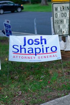 November 3, 2020 - Elkins Park, Pennsylvania: A Josh Shapiro Sign at a Polling Station on Election Day at Elkins Park, Pennsylvania