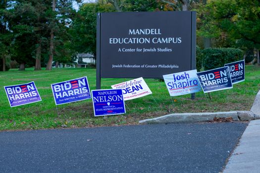 November 3, 2020 - Elkins Park, Pennsylvania: Democratic Election Signs Out Front of a Polling Station at Gratz College in Elkins Park, Pennsylvania
