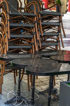 Closed bar restaurants chairs at Aristotelous square in Thessaloniki, after government tries to prevent COVID-19.